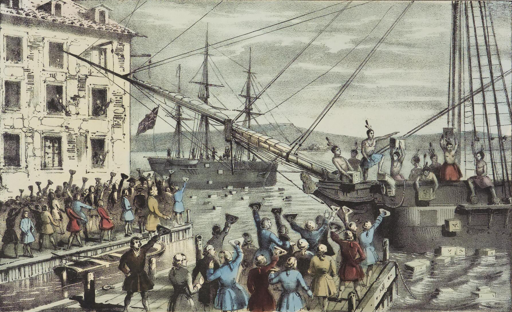 “The Destruction of Tea at Boston Harbor”, lithograph depicting the 1771 Boston Tea Party by Nathaniel Currier. Image via Wikimedia Commons. Painting of Harbour
