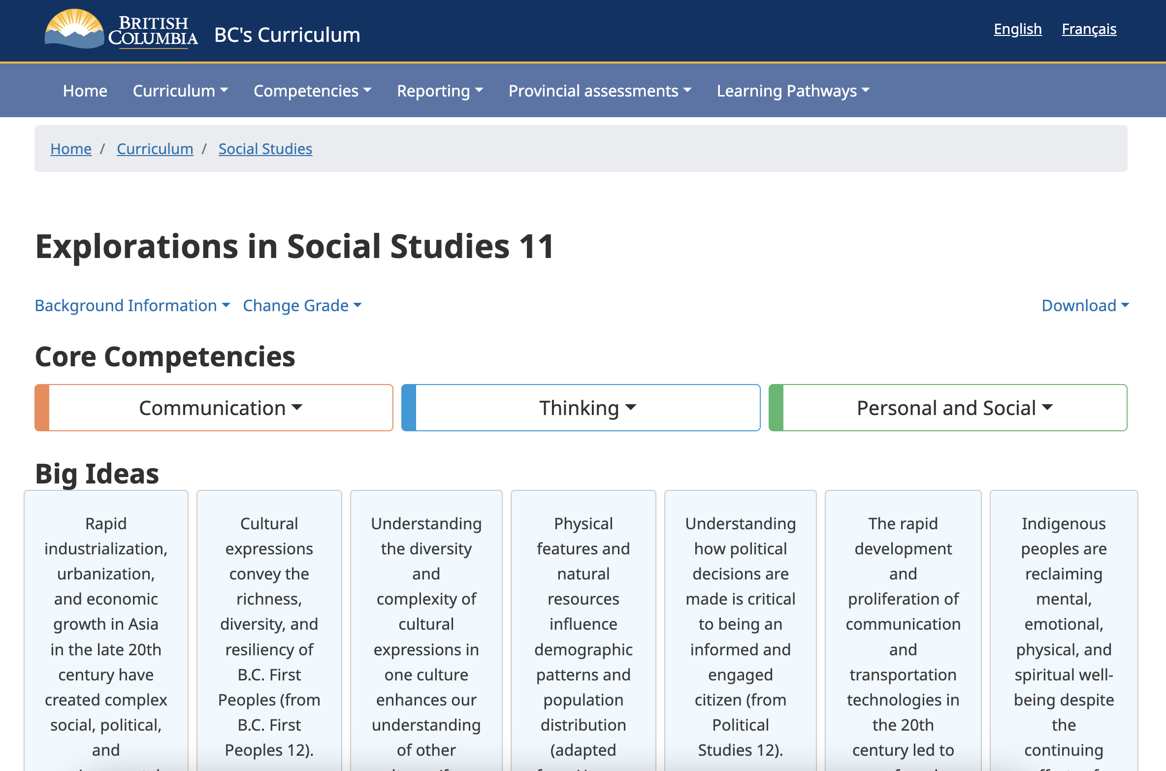 The BC Curriculum, Grade 11 Social Studies