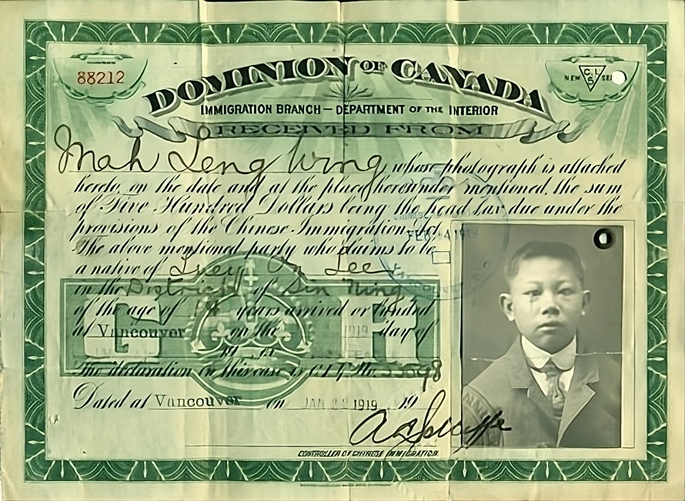 Chinese Head Tax certificate. Image via Wikimedia Commons.